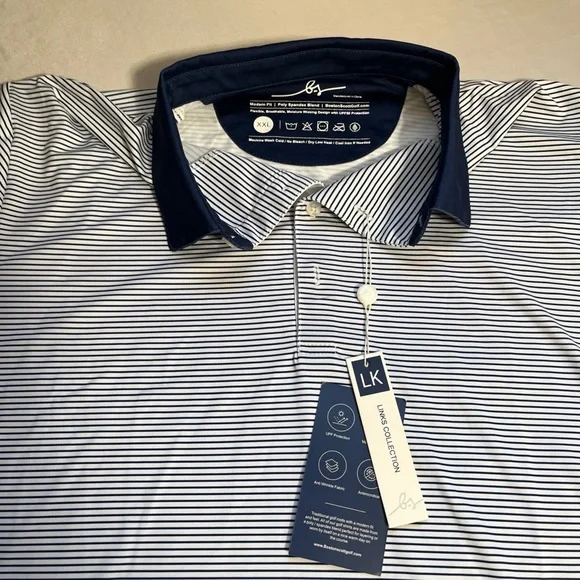 Boston Scott Men’s Stretch Golf Polo Shirt Blue/White Striped Sz XXL NWT - Picture 6 of 8